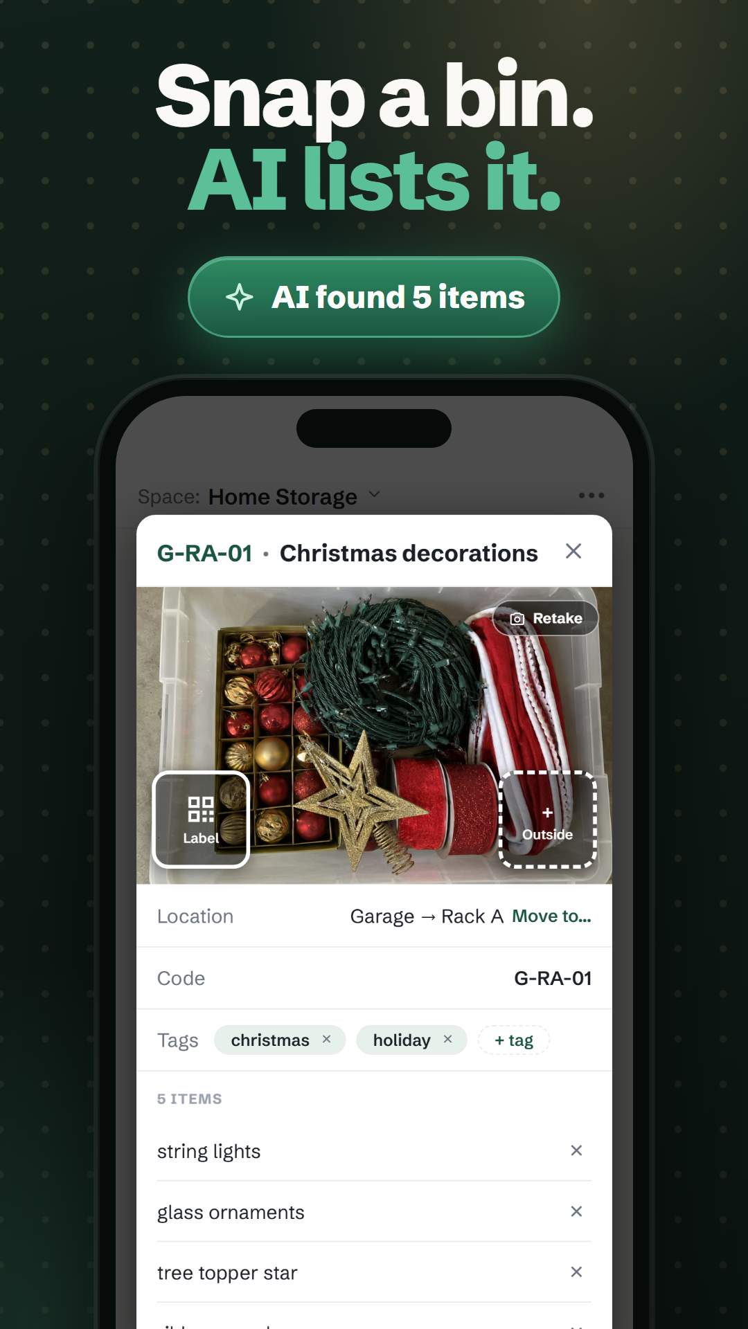 Snap a bin. AI lists it.