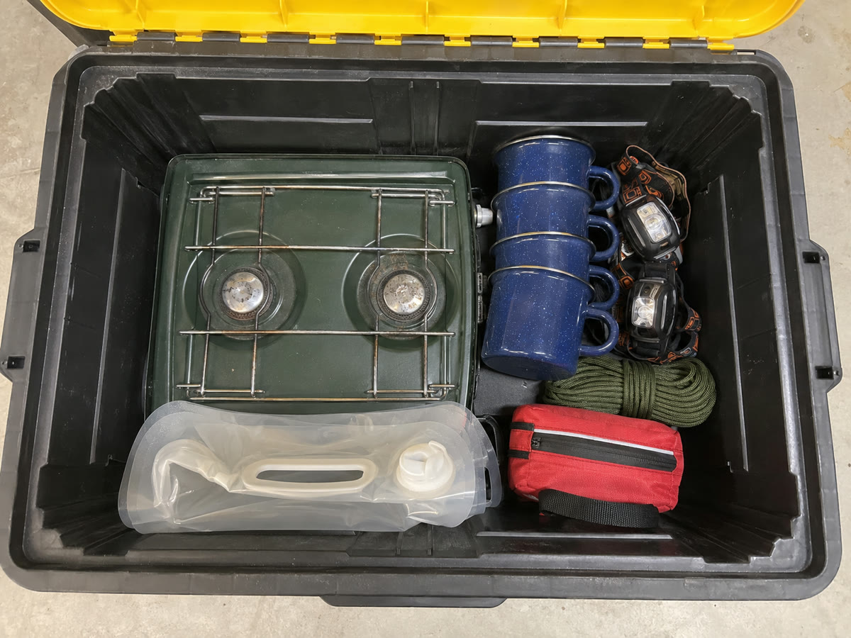 Top-down photo of camping gear inside an open tote