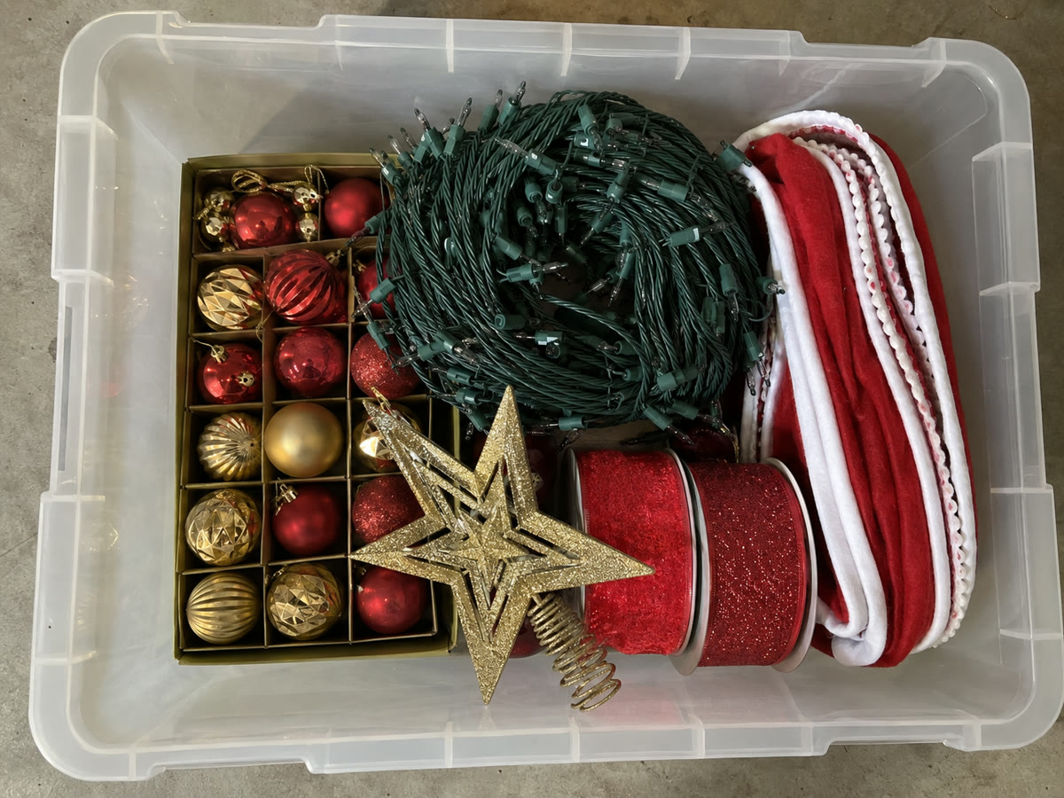 Top-down photo of Christmas decorations inside an open holiday tote