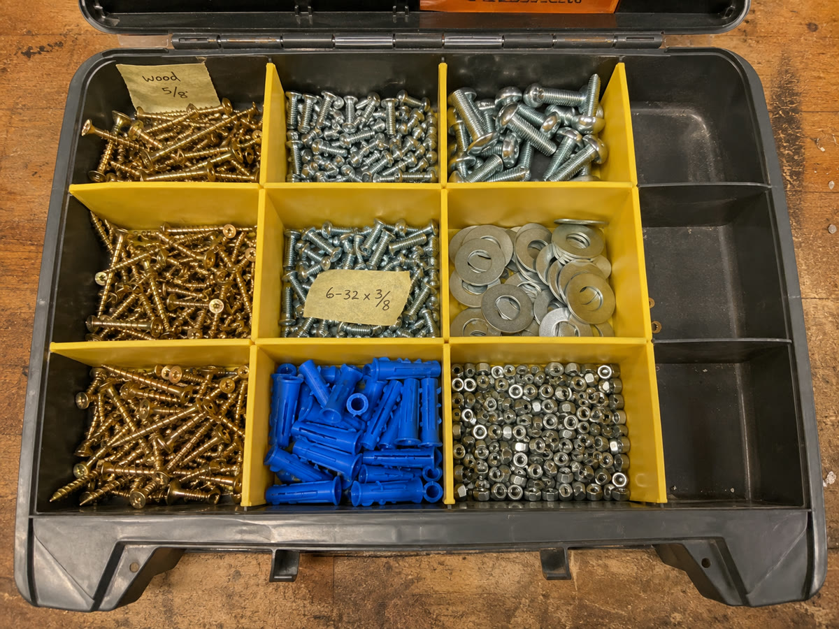 Photo of a labeled compartment organizer full of fasteners