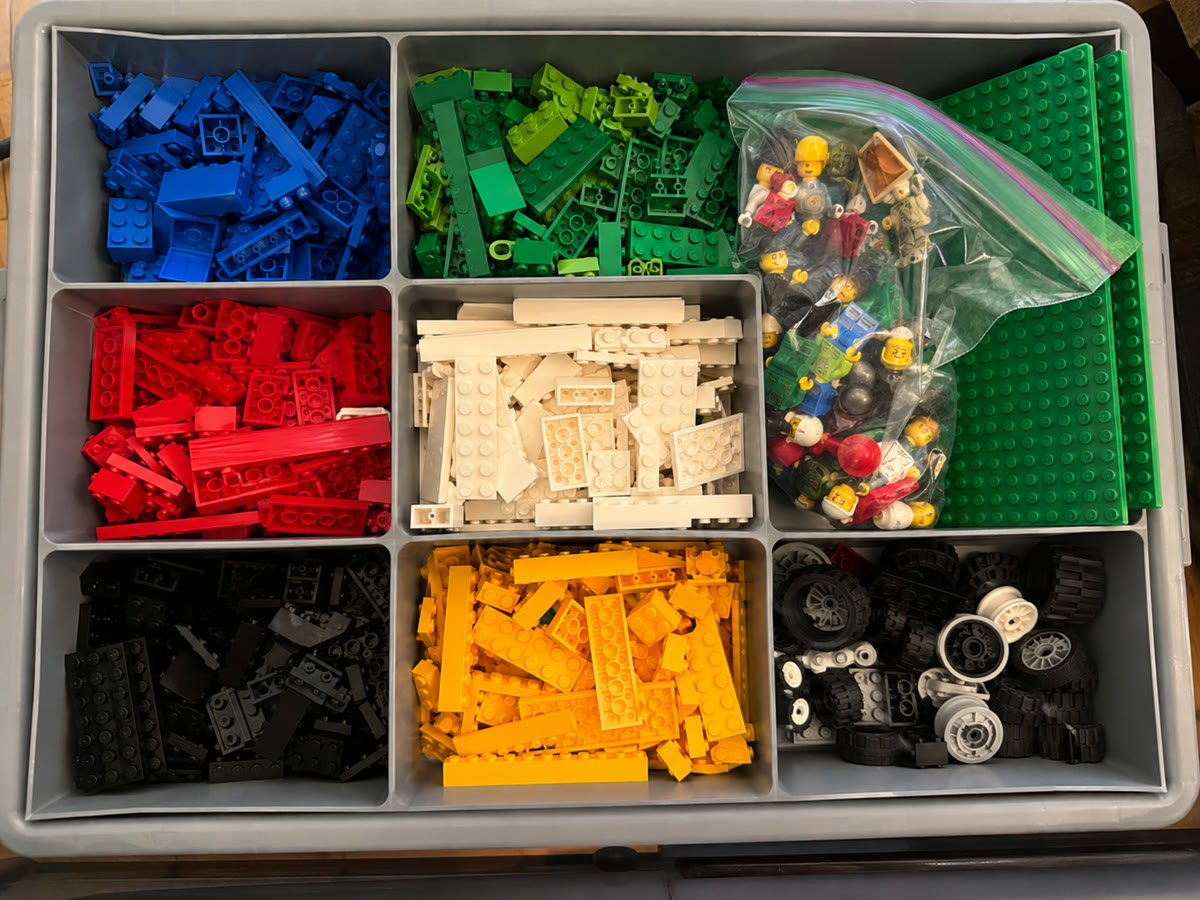 Photo of sorted LEGO bricks in a storage bin