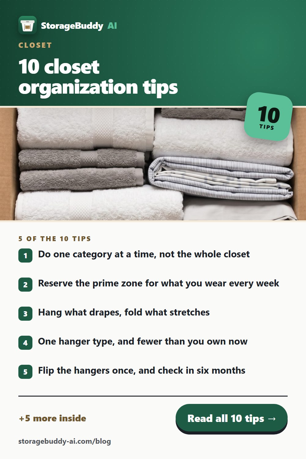 Pinterest pin for this post: 10 closet organization tips, including what to do with the off-season half, with the first five tips