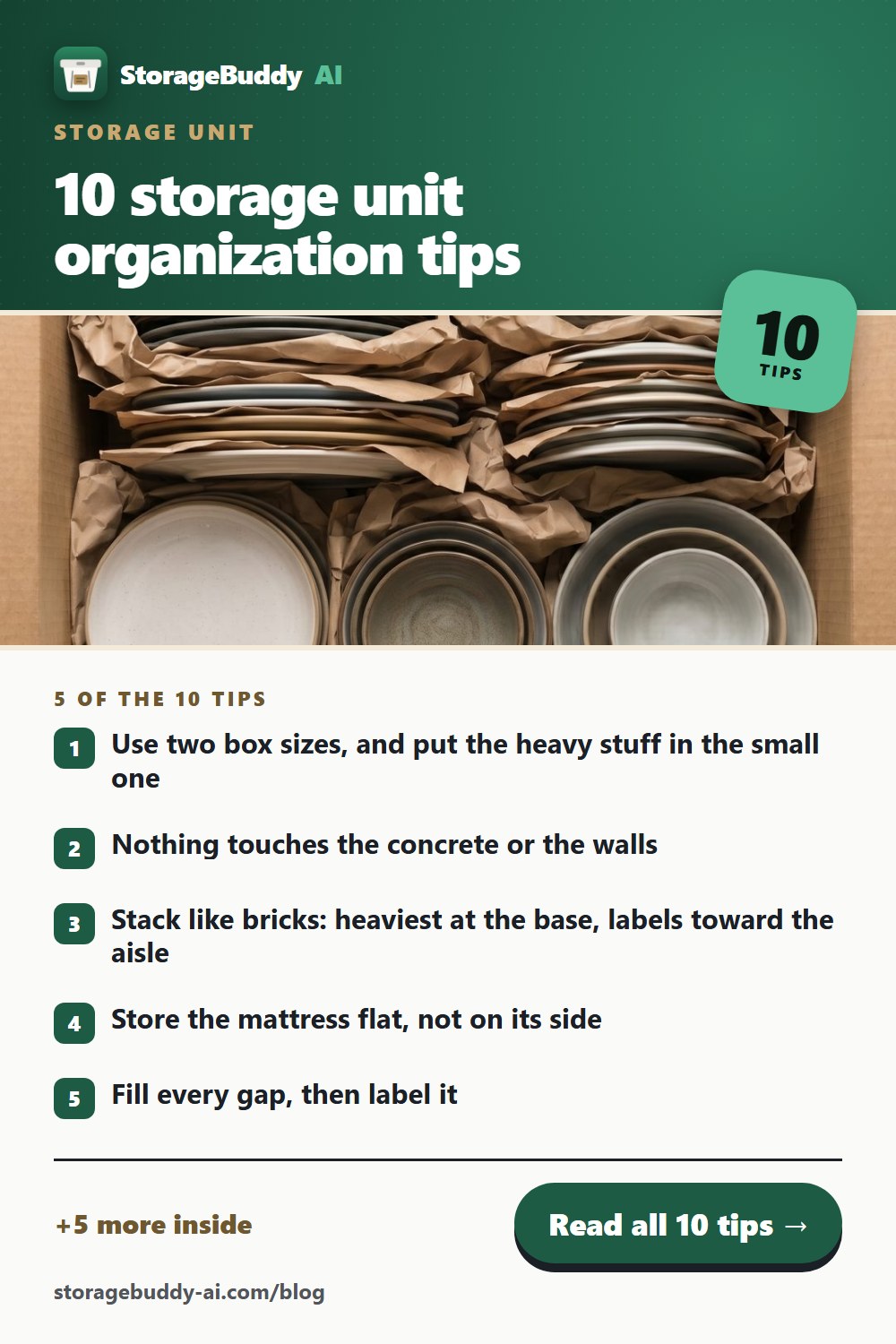 Pinterest pin for this post: 10 storage unit organization tips from people who pack them for a living, with the first five tips