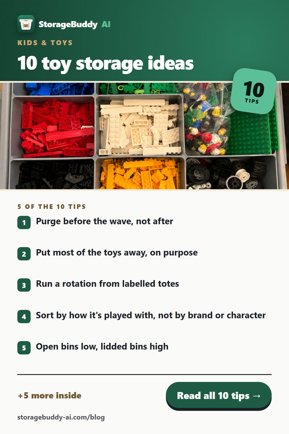 Pinterest pin for this post: 10 toy storage ideas that survive a birthday party, with the first five tips